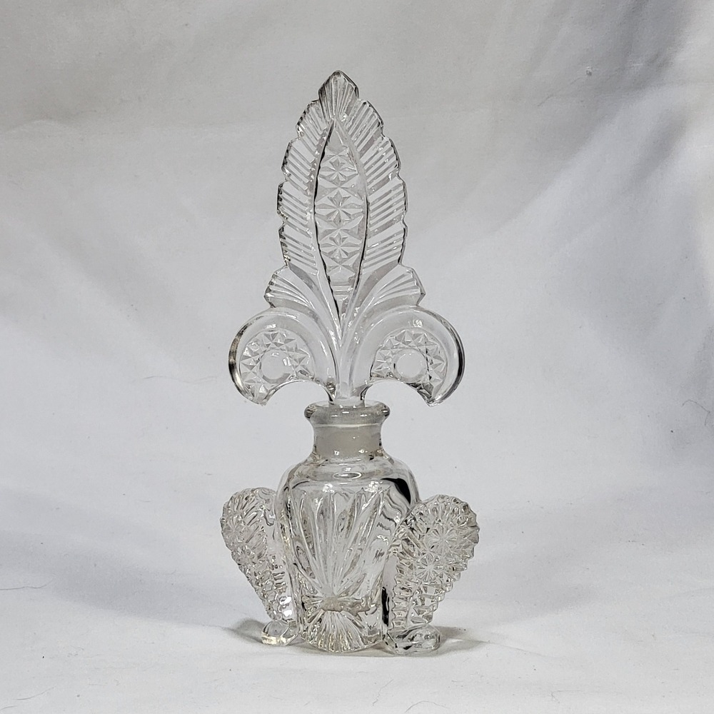 VTG Art Deco Czech Style Clear Pressed Glass Perfume Bottle Fleur de Lis Stopper